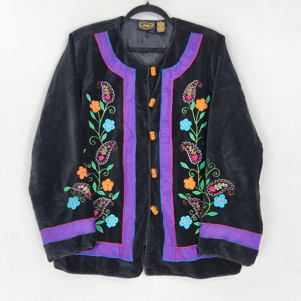Vintage Jacket Women Medium Black Purple Floral Velour Beaded Embroidered Allure